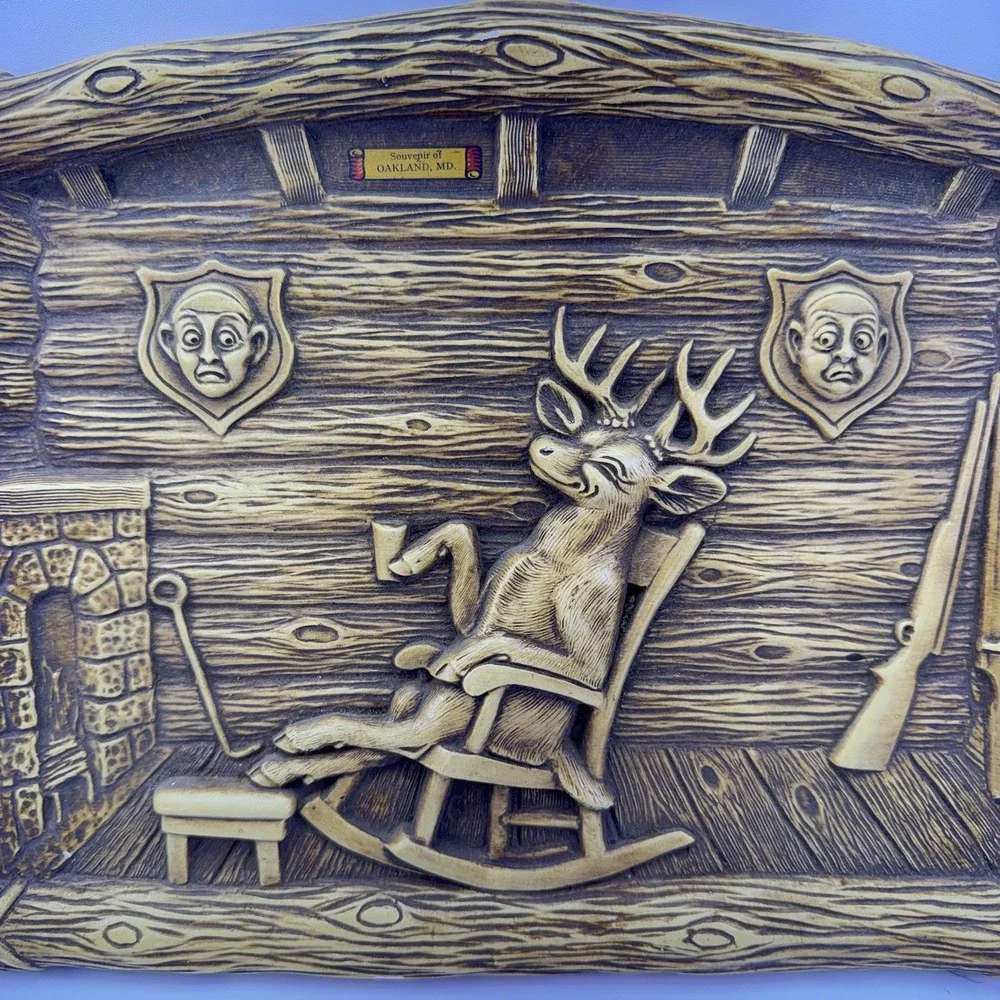 Vintage Deer Hunter Chalkware Wall Plaque Cabin Decor Rifle Hunting Lodge 10x13